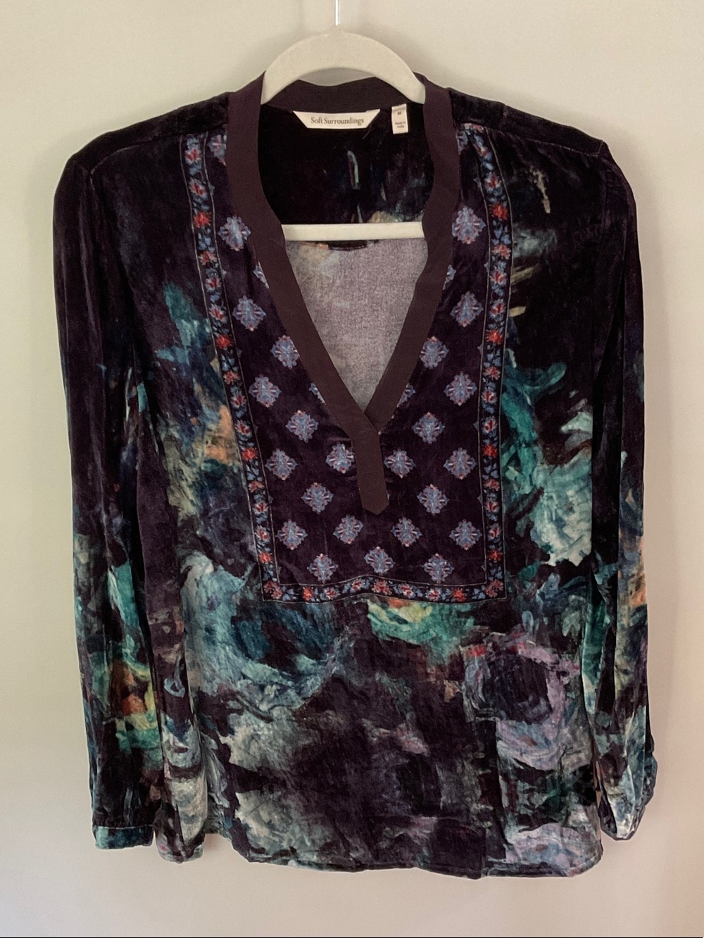 Soft Surroundings Crushed Velvet Boho V-Neck Tunic Blouse in Deep Teal and Plum